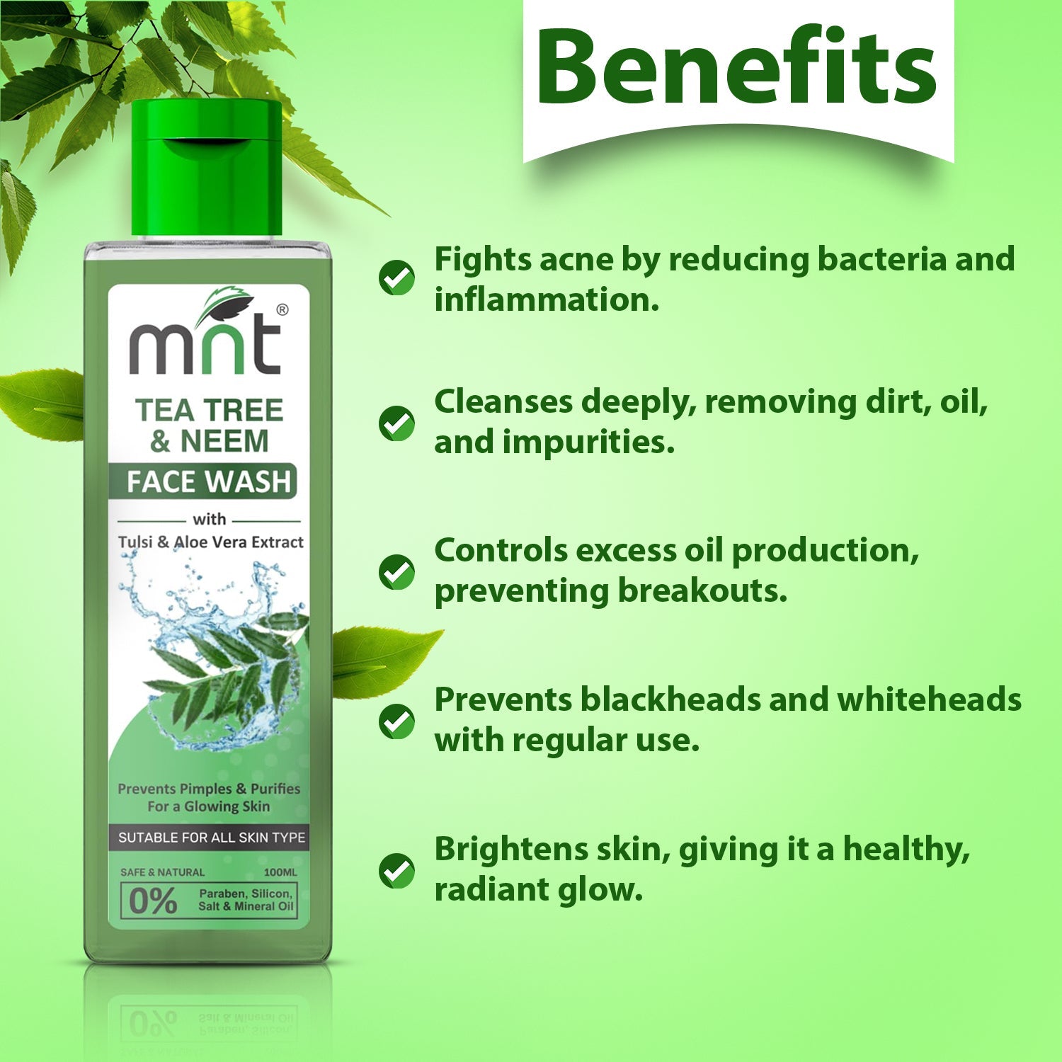 MNT Tea Tree & Neem Face Wash with Tulsi & Aloe Vera Extract for Acne & Pimples | Detoxifies Skin | Purifies for Glowing Skin, 100 ml