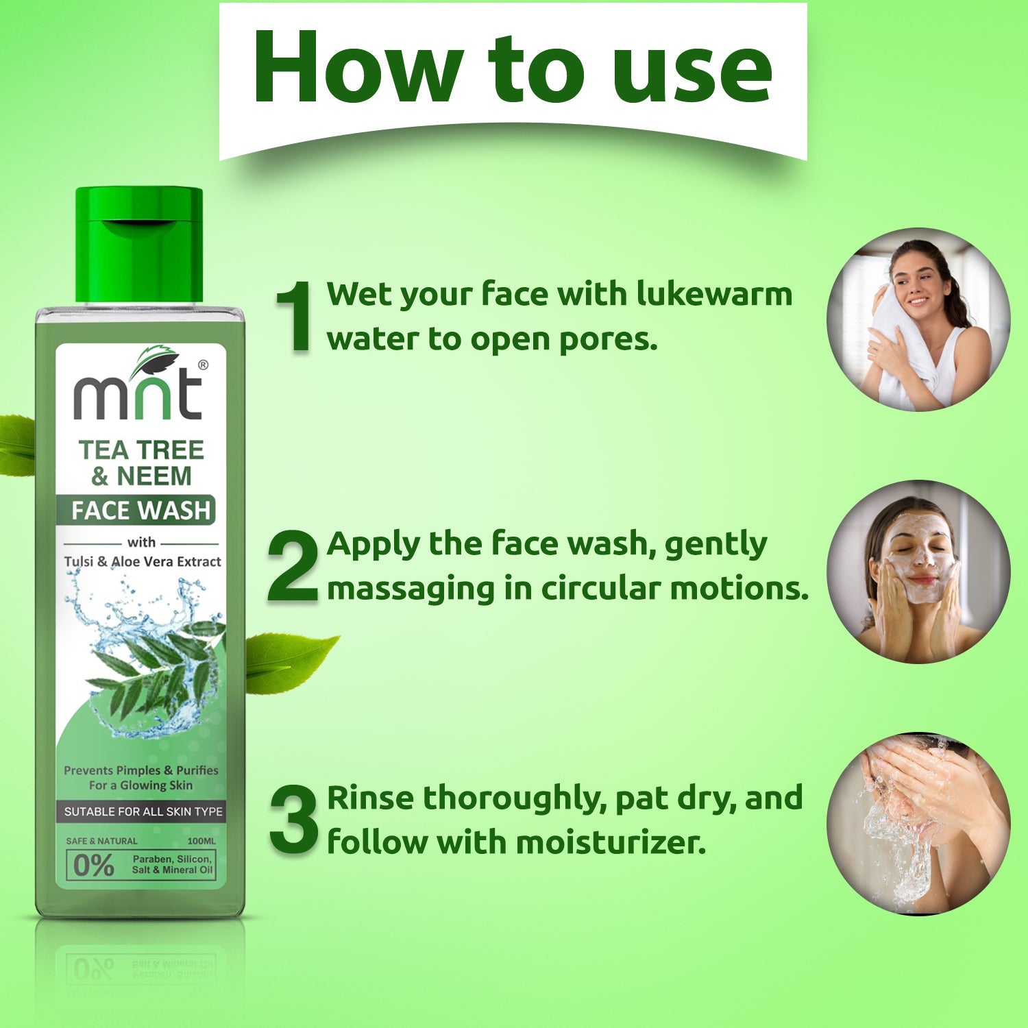 MNT Tea Tree & Neem Face Wash with Tulsi & Aloe Vera Extract for Acne & Pimples | Detoxifies Skin | Purifies for Glowing Skin, 100 ml