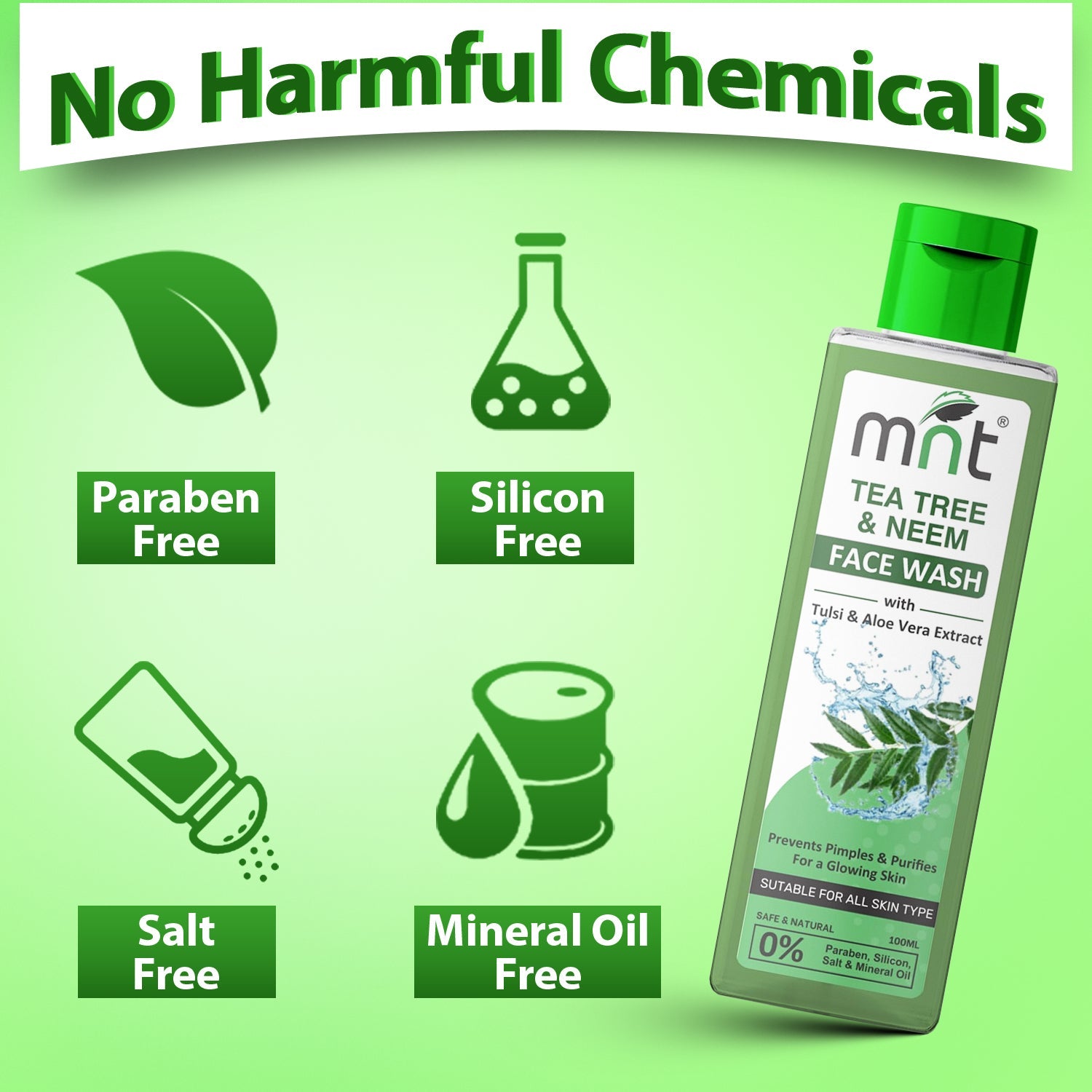 MNT Tea Tree & Neem Face Wash with Tulsi & Aloe Vera Extract for Acne & Pimples | Detoxifies Skin | Purifies for Glowing Skin, 100 ml
