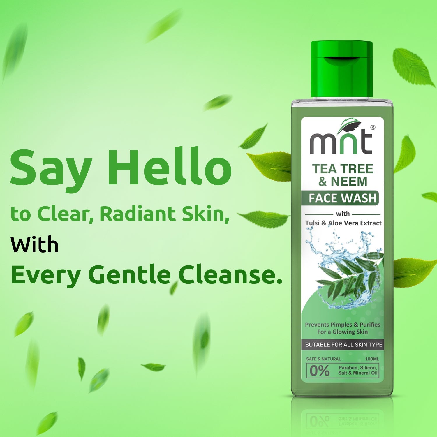 MNT Tea Tree & Neem Face Wash with Tulsi & Aloe Vera Extract for Acne & Pimples | Detoxifies Skin | Purifies for Glowing Skin, 100 ml