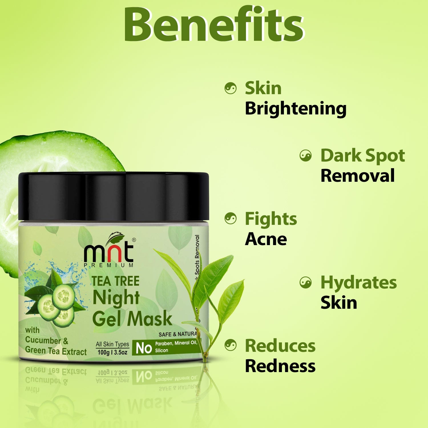 MNT Tea Tree Night Gel Mask with Cucumber & Green Tea Extract for All Skin Types Skin Brightening| Dark Spot Removal, 100g