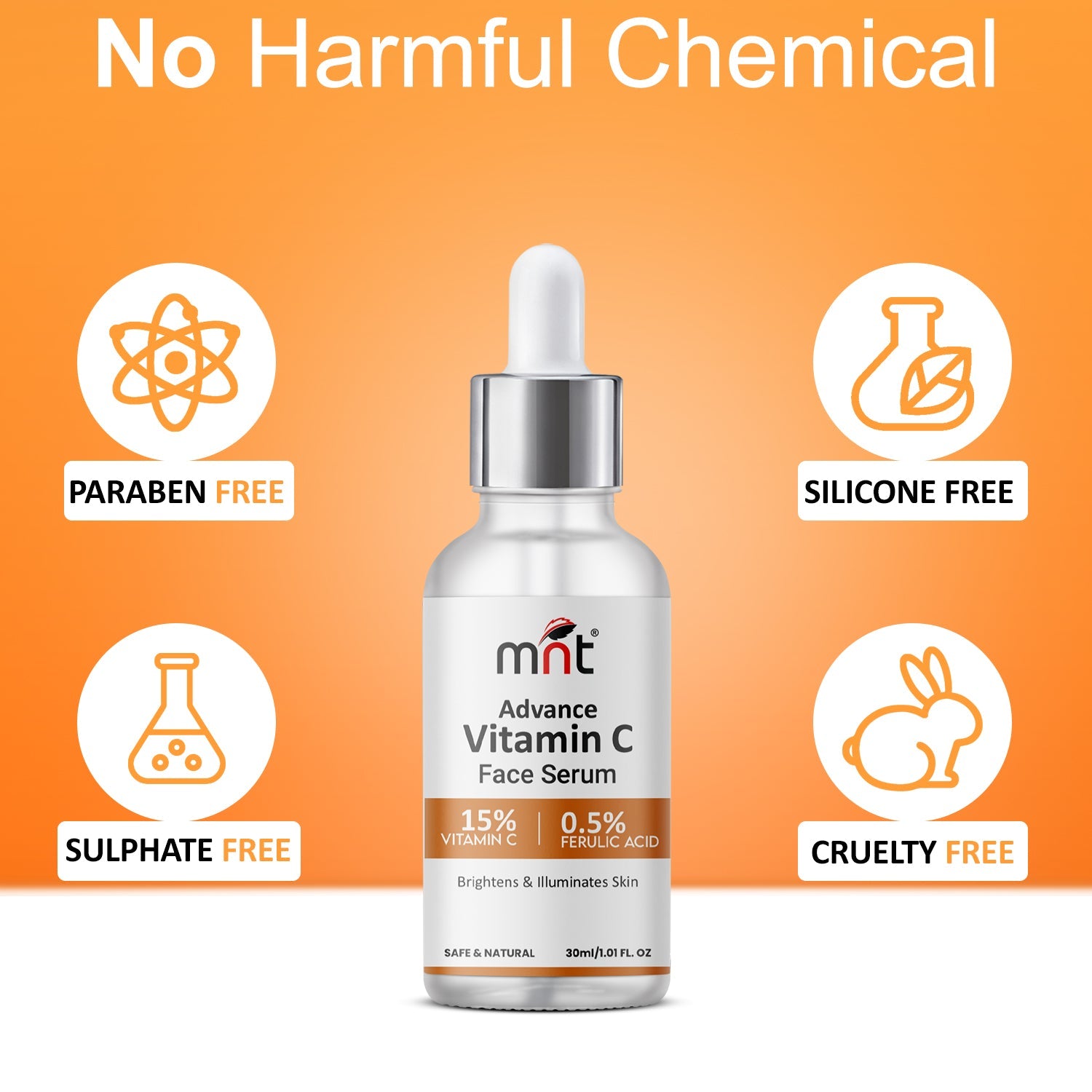 MNT 15% Vitamin C Face Serum with 0.5% Ferulic Acid – Powerful Antioxidant Formula for Glowing, Youthful Skin, Reduces Dark Spots, Firms and Hydrates, 30ml