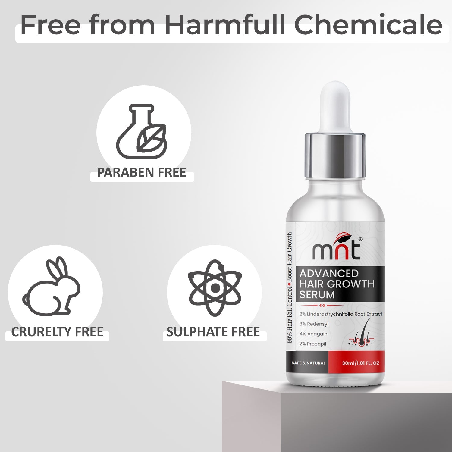 MNT Advanced Hair Growth Serum with 2% Lindera Strychnifolia 3% Redensyl, 4% Anagain, 2% Procapil | Hair Growth Serum for Scalp | Hair Growth Serum for Women & Men | 30 ml