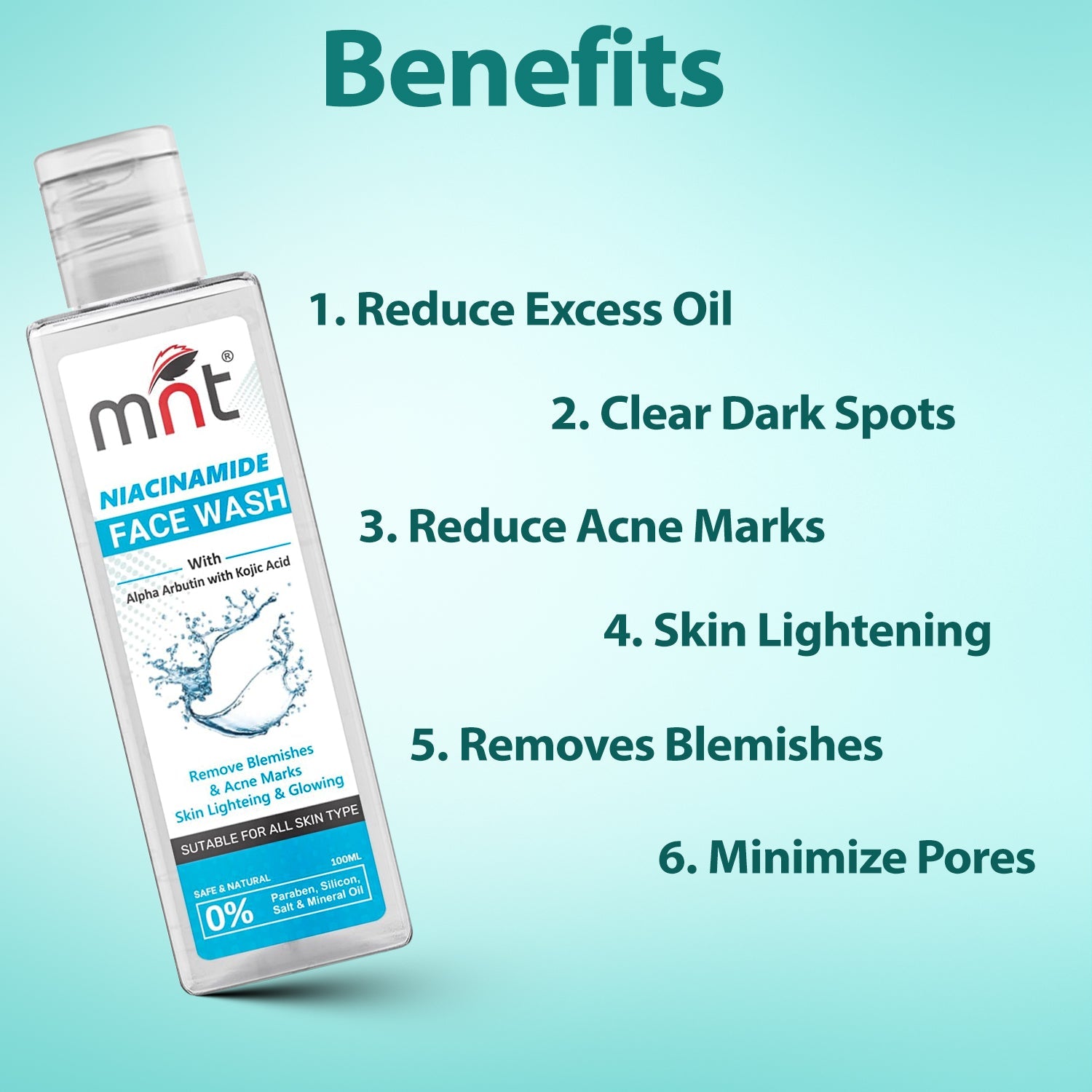 MNT Niacinamide Face Wash with Alpha Arbutin & Kojic Acid for Oil Clear, Dark Spots, Acne Marks & Pigmentation, 100 ml