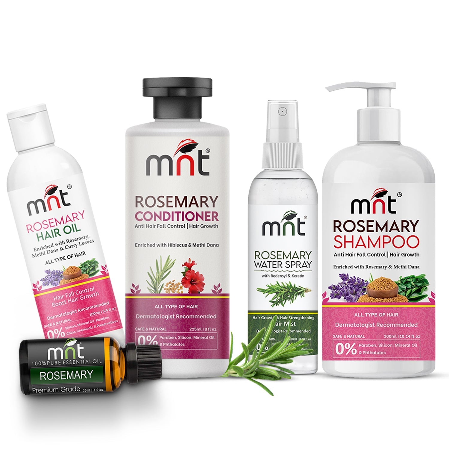MNT Rosemary Hair Growth Kit - Complete Set with Shampoo, Conditioner, Hair Oil, Water Spray Toner & Essential Oil for Stronger, Healthier Hair Growth and Scalp Care