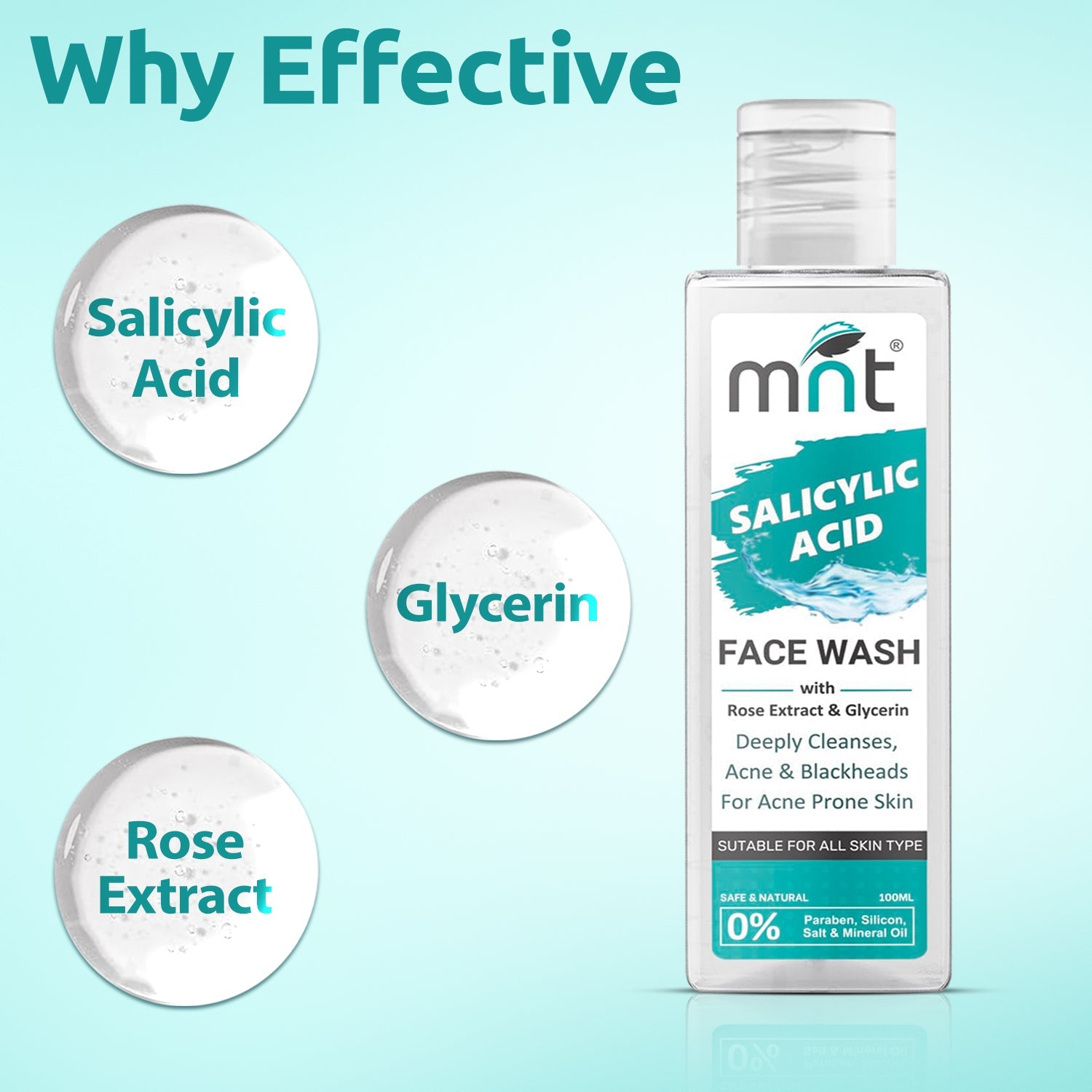 MNT Salicylic Acid Face Wash with Rose Extract & Glycerin for Deep Cleansing, Blackheads & Acne Prone Skin, 100 ml