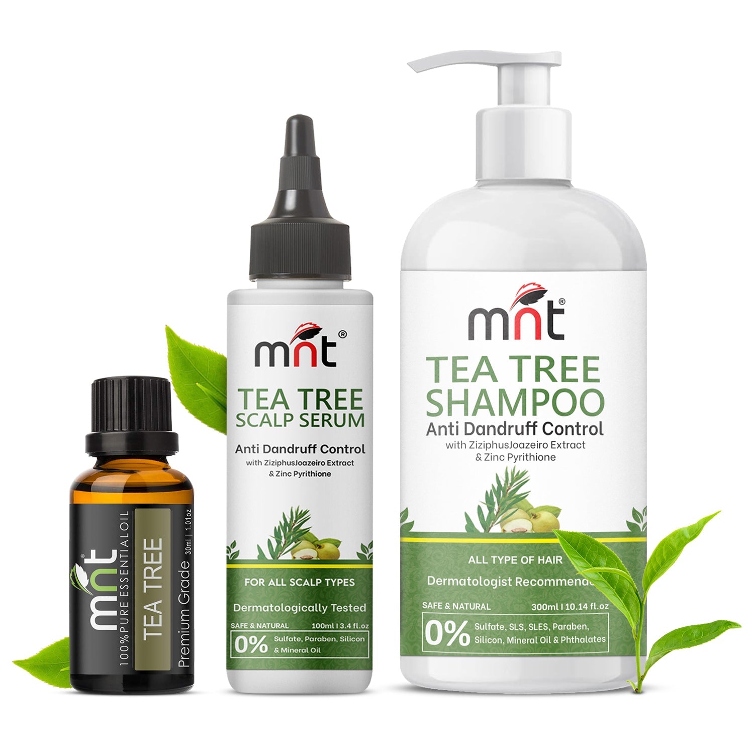 MNT Tea Tree Anti-Dandruff Hair Care Combo – Shampoo, Scalp Serum, and Essential Oil for Flake-Free, Soothing, Healthy Scalp Treatment