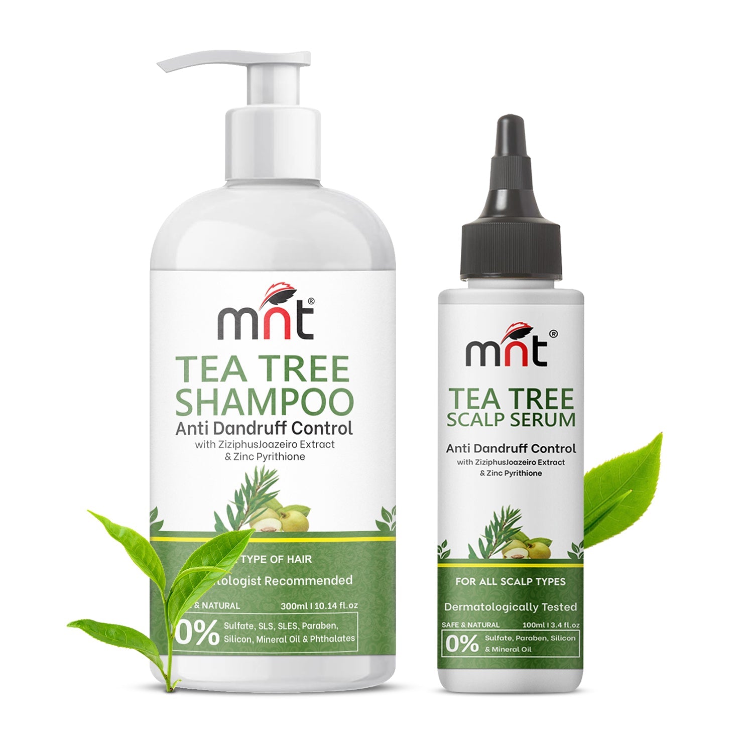 MNT Tea Tree Anti-Dandruff Hair Care Combo – 300ml Shampoo + 100ml Scalp Serum for Flake-Free, Soothing, Healthy Scalp Treatment