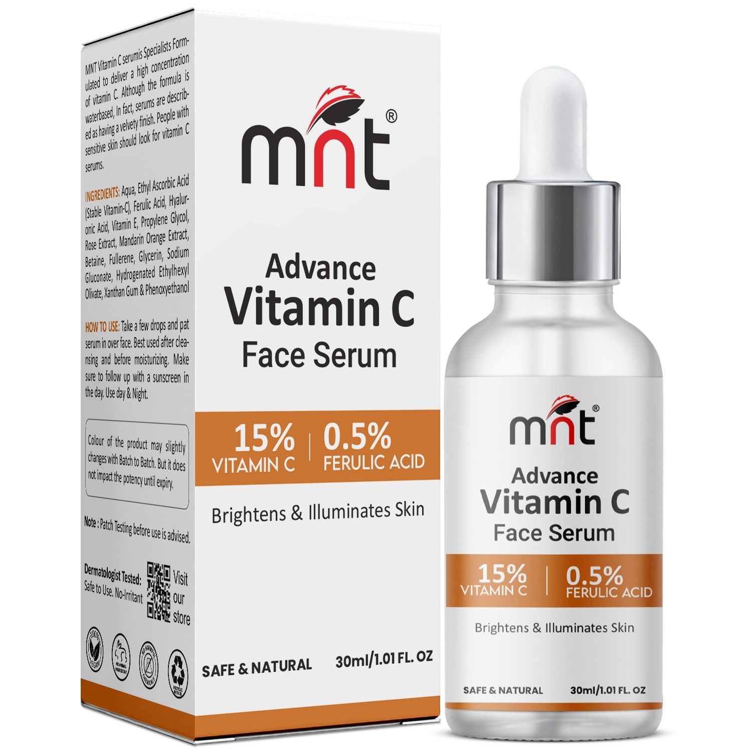 MNT 15% Vitamin C Face Serum with 0.5% Ferulic Acid – Powerful Antioxidant Formula for Glowing, Youthful Skin, Reduces Dark Spots, Firms and Hydrates, 30ml