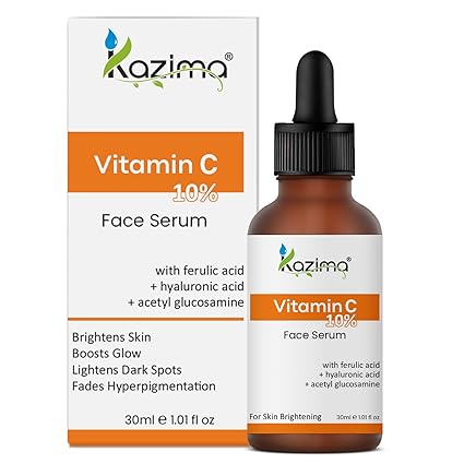 KAZIMA 10% Vitamin C Face Serum with 0.5% Ferulic Acid & Hyaluronic Acid for Dark Spots, Hyperpigmentation & Brightening for Men & Women | 30 ml