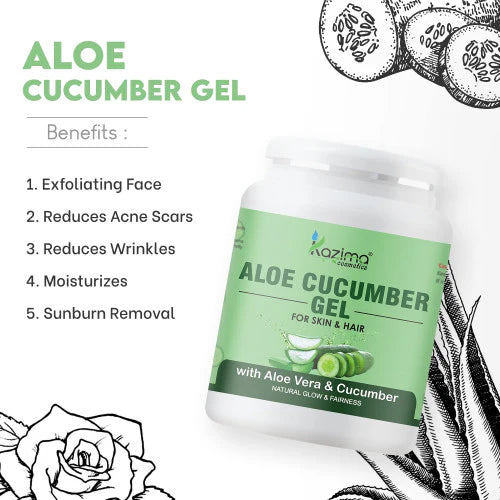 KAZIMA Aloe Cucumber Gel with Pure Aloe Vera & Cucumber for Face, Skin & Hair - Exfoliate Skin, Reduces Acne Scars, Wrinkles, Sunburn, Dark Circles & Moisturizes Skin
