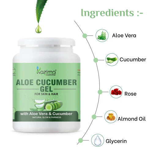 KAZIMA Aloe Cucumber Gel with Pure Aloe Vera & Cucumber for Face, Skin & Hair - Exfoliate Skin, Reduces Acne Scars, Wrinkles, Sunburn, Dark Circles & Moisturizes Skin