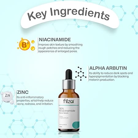 FILZA 10% Niacinamide Face Serum for Acne Marks and Dark Spots, with Zinc and Rice Extract | Fades Blemishes, Reduces Hyperpigmentation & Balances Oil | 30 ml