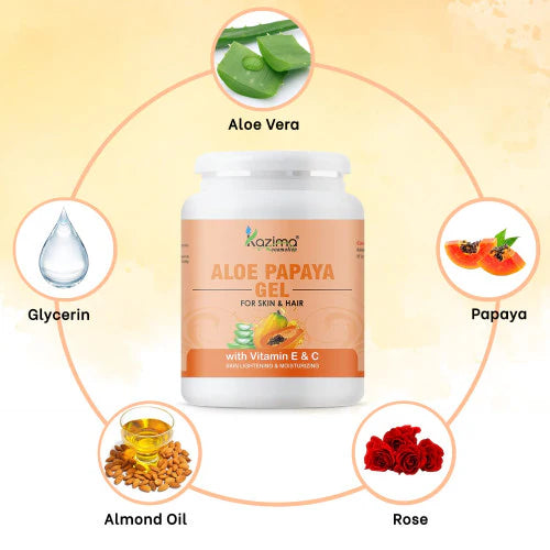 KAZIMA Aloe Papaya Gel with Pure Aloe Vera, Papaya & Vitamin C, E for Face, Skin & Hair - Moisturizing, Skin Brightening, Acne Scars, Wrinkles, Sunburn & Dark Circles